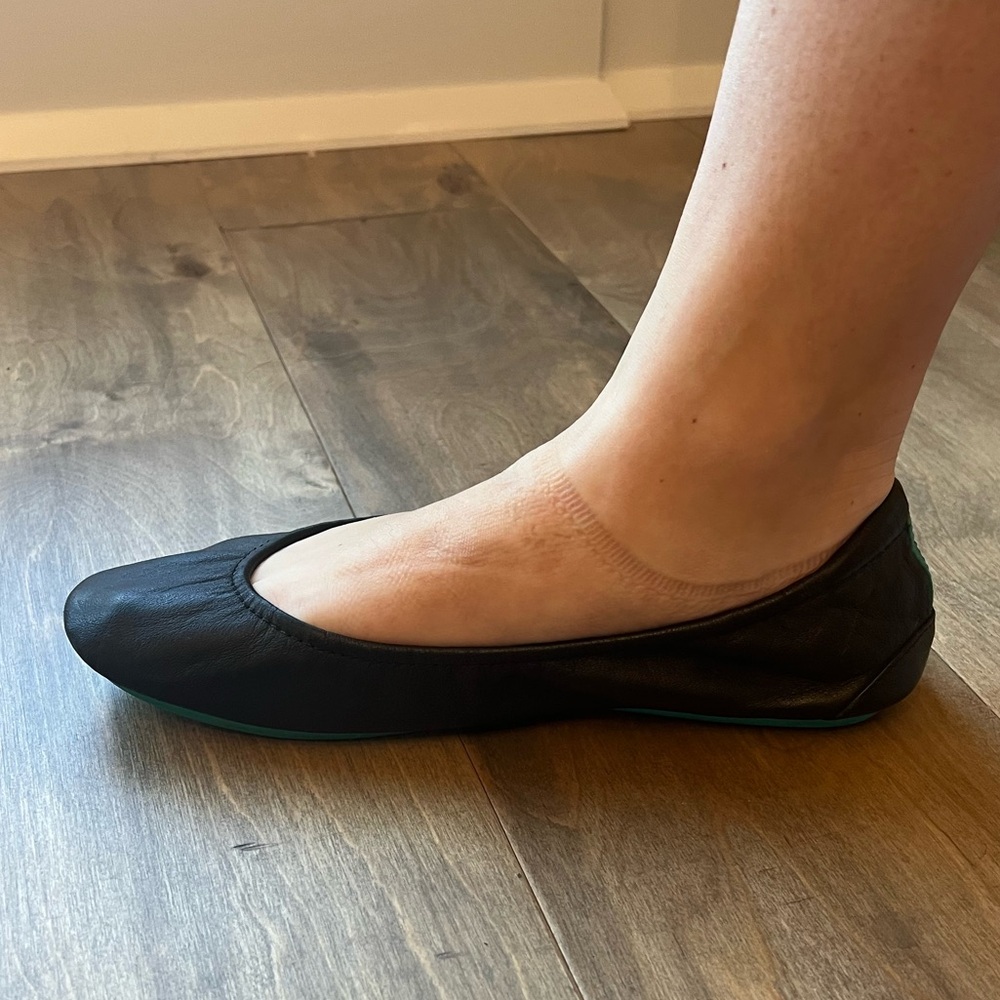 Tieks Black Leather Ballet Flats with Teal Heel Tabs - Picture 5 of 7